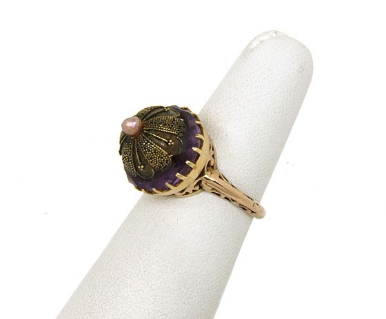ANTIQUE VICTORIAN 14K GOLD, AMETHYST & PEARL DOMED RING  