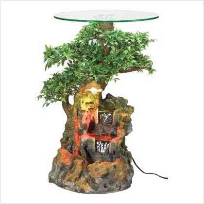 Bonsai Forest Water Fountain Glass Top Table w/Light  