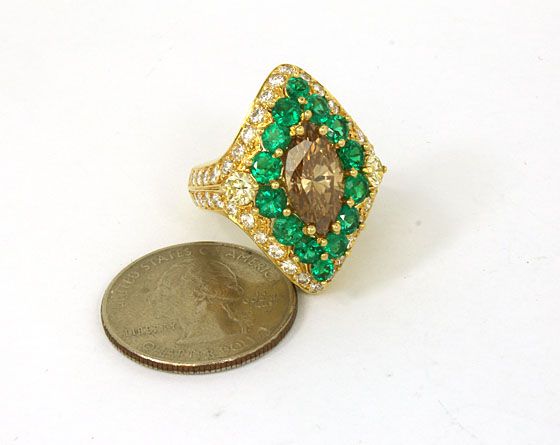   18K GOLD, GIA CERTIFIED, NATURAL FANCY COLOR DIAMOND & EMERALDS RING