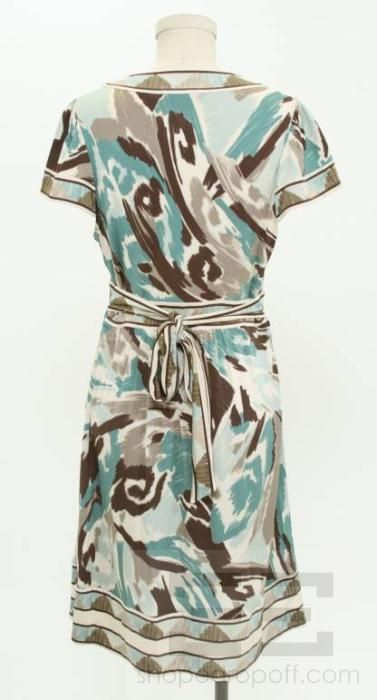 BCBG Max Azria Green And Brown Print Jersey V Neck Dress Size M  