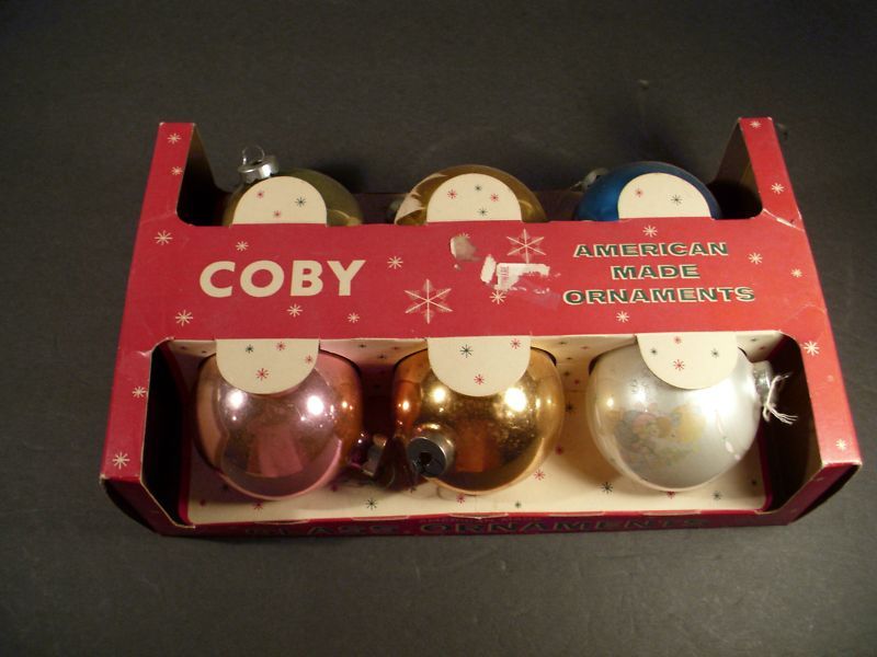vintage GLASS CHRISTMAS ORNAMENTS IN ORIGINAL BOX COBY  