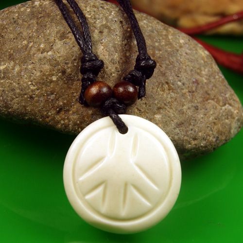 White Tibetan Round Bone Peace Hemp Necklace Pendant FS  