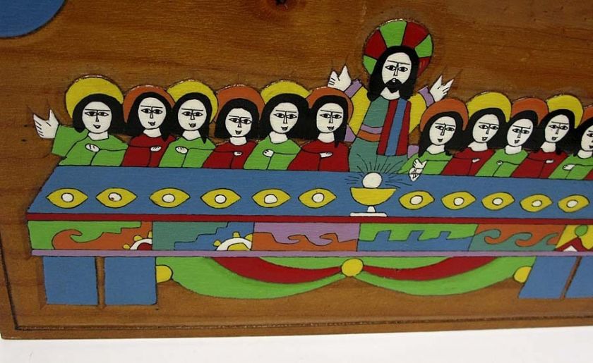 Vintage Last Supper Folk Art Wood Wooden Plaque El Salvador Souvenir 