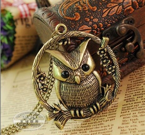 Fashion Bronze Cute Owl With Retro Pendant chain Necklace 27  
