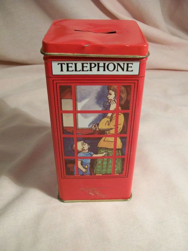   Red Telephone Booth Bank Tin Pictures of Women & Child in Booth  